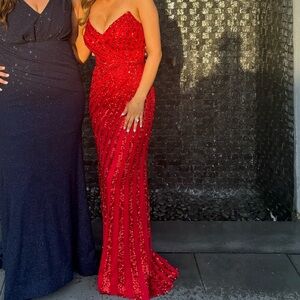 Sherri Hill strapless beaded red gown